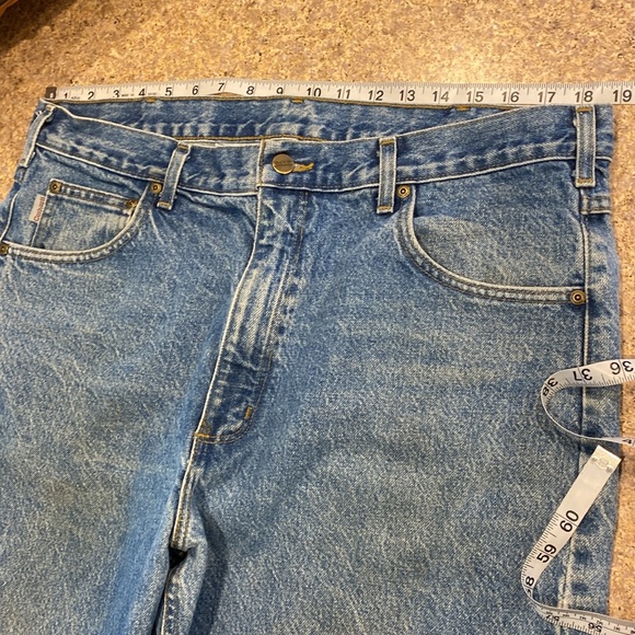 Carhartt Blue Jeans WITH FLAWS Stains and CUT OFF Relaxed Fit Tag Says 38 Waist - Picture 9 of 17